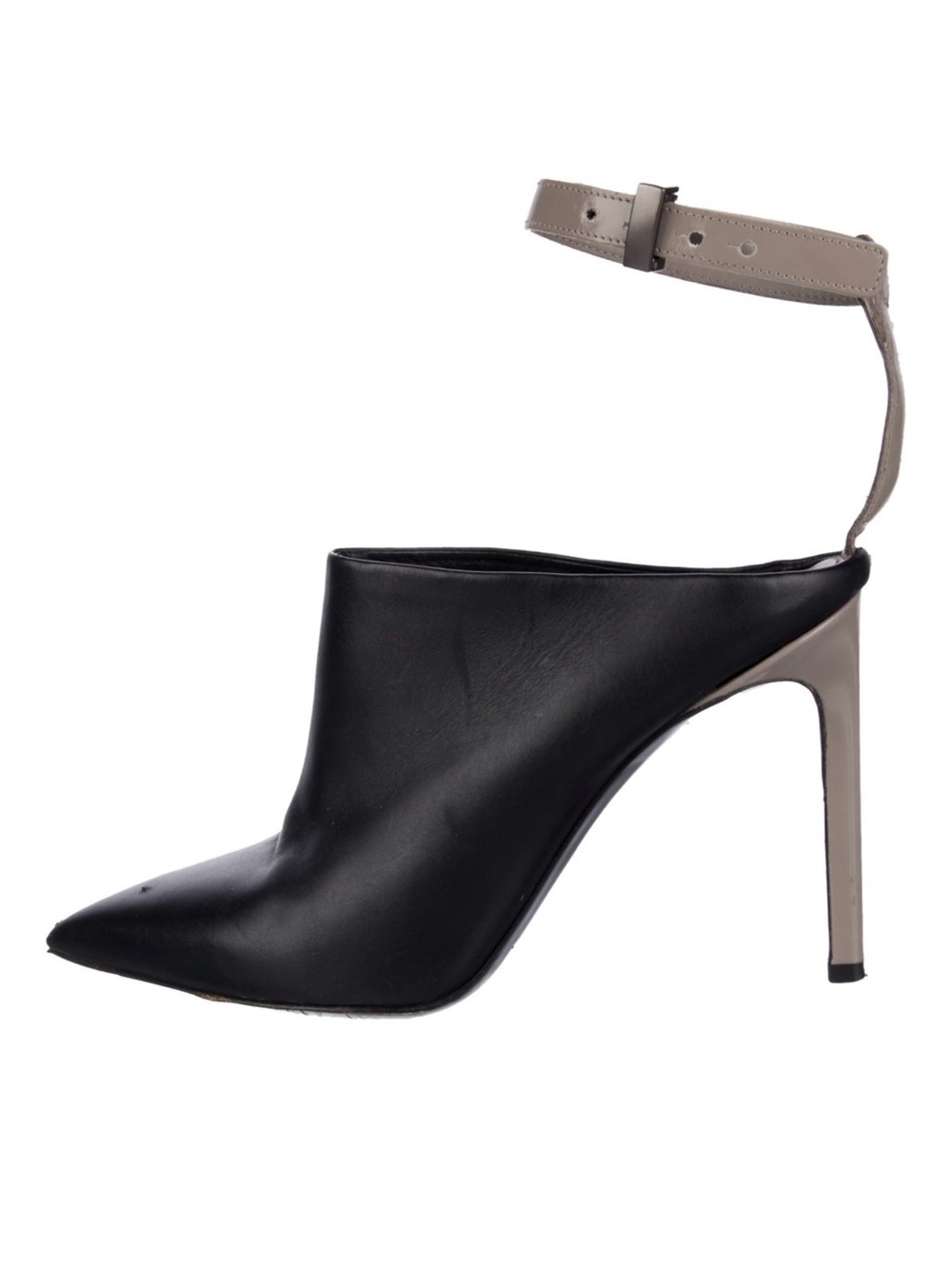 Vince Black and Taupe Pointed-Toe Ankle-Strap Stiletto Mule